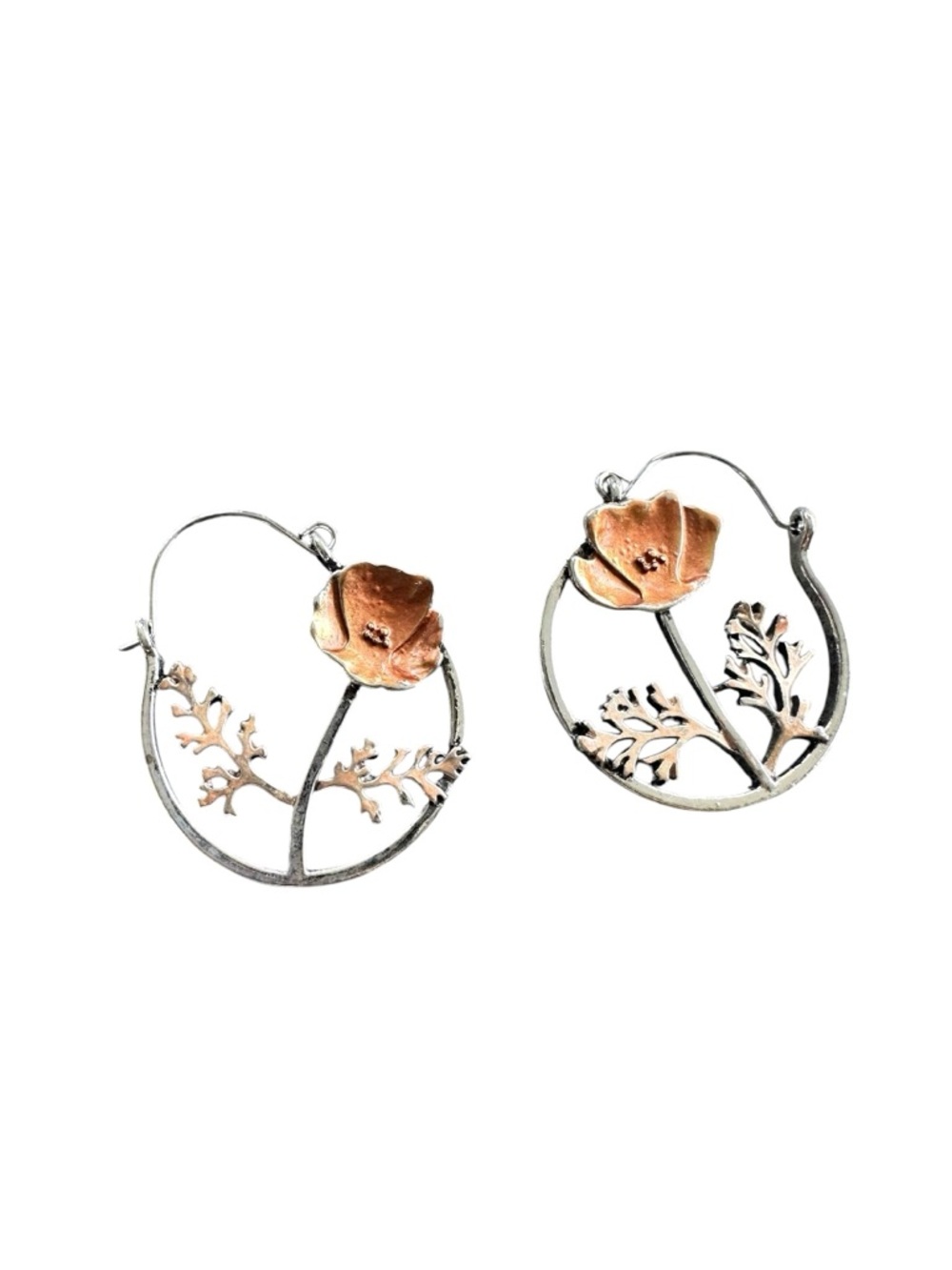 Boho Silver and Rust Flower Hoop Earrings